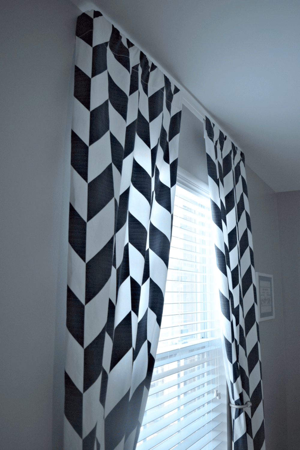 DIy panel curtains made with store bought black and white checkered fabric