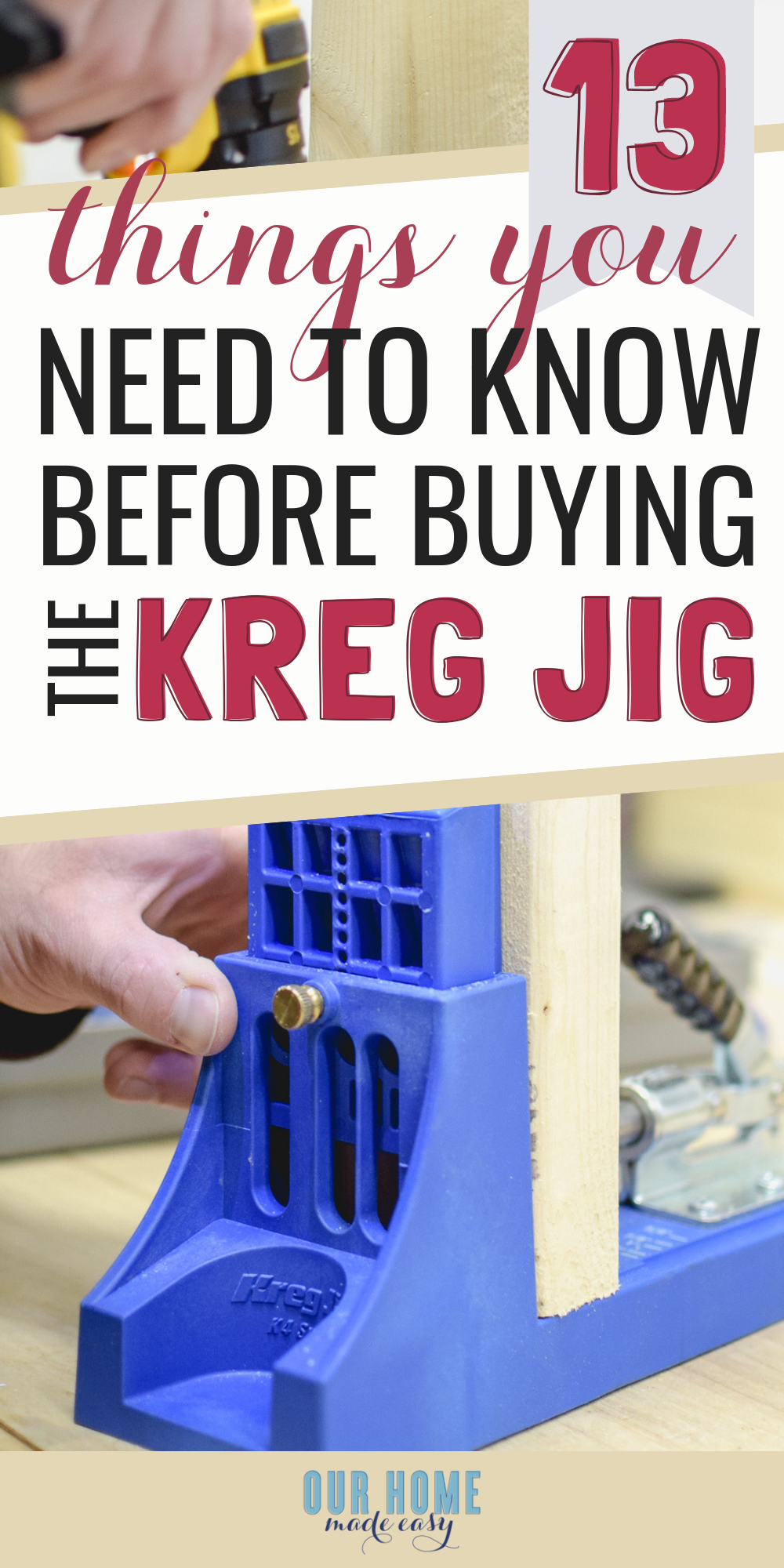 Here is everything you need for beginners who want to use the Kreg Jig. Before you buy, look at the 13 things you need to know before buying! #home #diy #ourhomemadeeasy