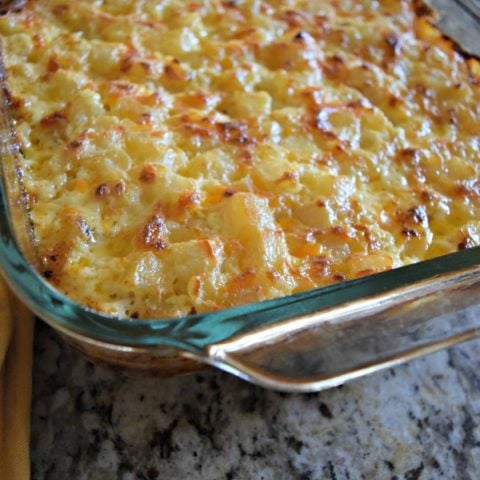 An easy recipe for cheesy potato casserole! It's perfect for making for parties and using leftover ham from holidays. Click to see the recipe!