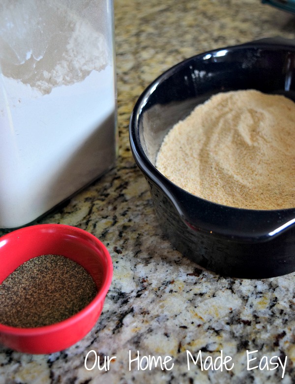 The shrimp breading is a simple mix of seasoning, crackers, and flour