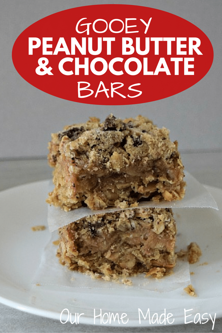 Peanut Butter & Chocolate Chunk bars! Perfect for a salty and sweet treat! Click to see the recipe!