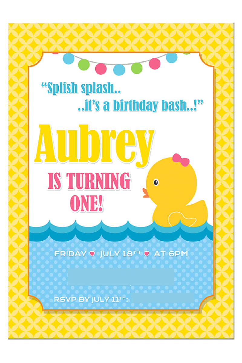 Little Aubrey is turning ONE so we threw her a rubber ducky birthday party! Here's the birthday party invitation we made.