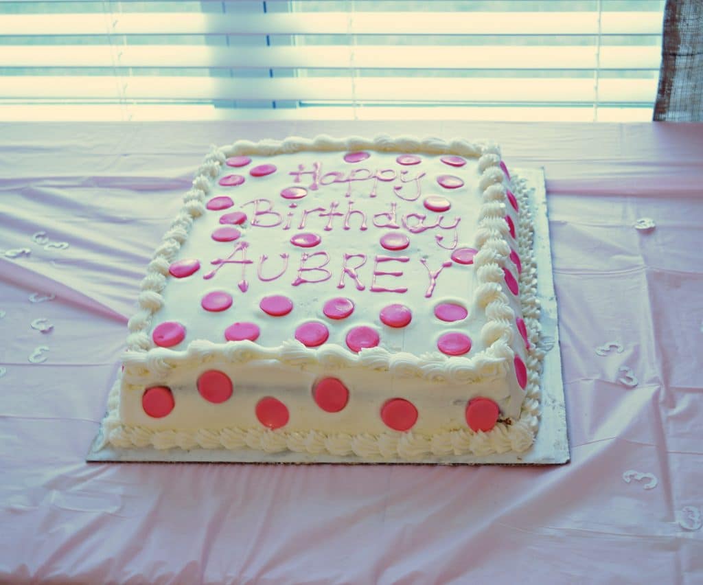 Here's our homemade pink polka dot cake for Aubrey's 3rd Minnie Mouse Birthday Party 