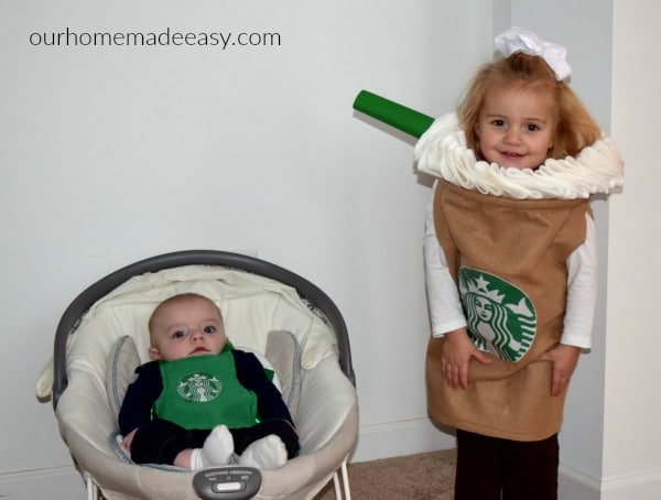 Make your own Starbucks Halloween Costume! This step by step tutorial includes picture sof the steps and materials needed for the project! Includes steps for making a coordinating Barista Apron for a sibling! Click to see how to make a your kid's coolest costume!