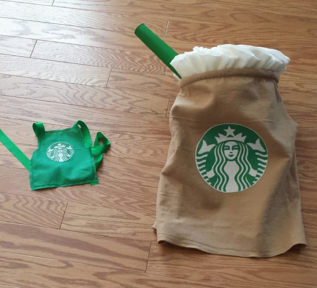 Make your own Starbucks Halloween Costume! This step by step tutorial includes picture sof the steps and materials needed for the project! Includes steps for making a coordinating Barista Apron for a sibling! Click to see how to make a your kid's coolest costume!