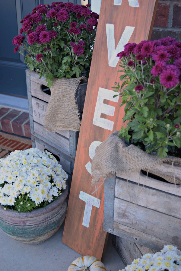 These vintage crates are perfect for holding potted mums on our Fall front porch