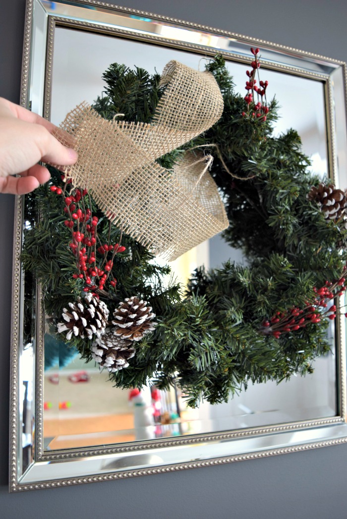 Burlap ribbon is a great way to easily hang Christmas wreaths around your home