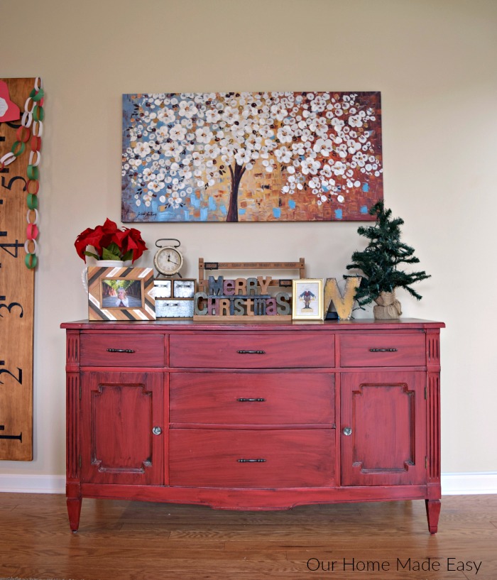 This lovely red dresser is perfect for Christmas--we just added a few Christmas pieces to complete the look!