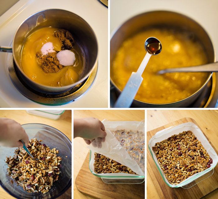 Cooking a simple syrup and combining the pecans and cranberries in a baking dish