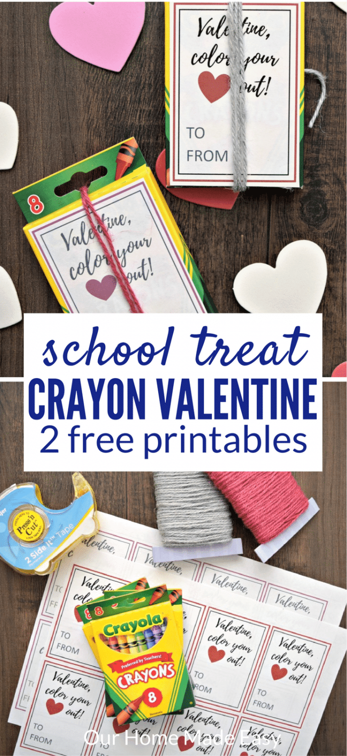 This crayon box valentine is perfect for school. Download the free printables and you can quickly make a classroom of valentine's --- without candy! #valentinesday #schoolvalentine