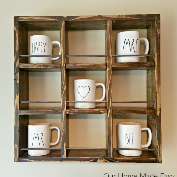 Here is an easy Rae Dunn Mug Holder for only a few dollars! It's easy enough to make and perfect for showing off a coffee mug collection!