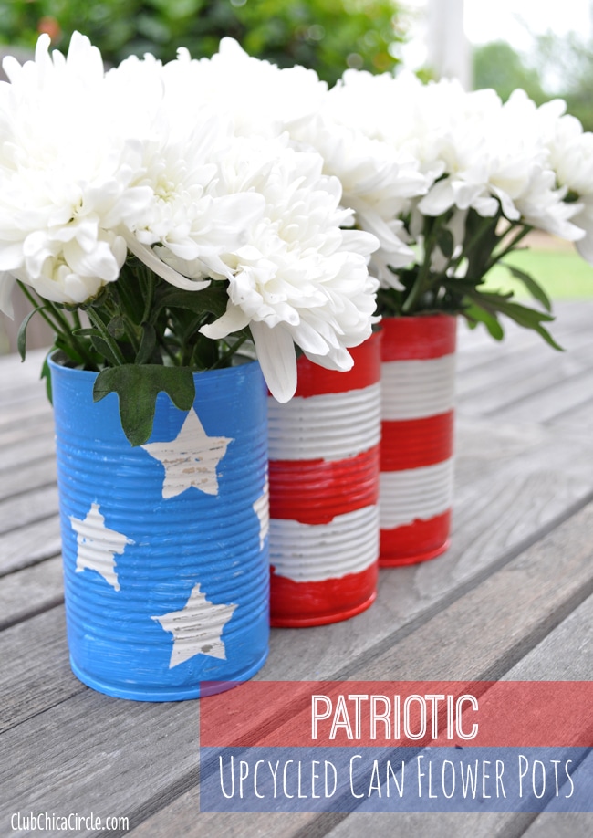 these patriotic flower pots are made from upcycled cans - the perfect 4th of July project