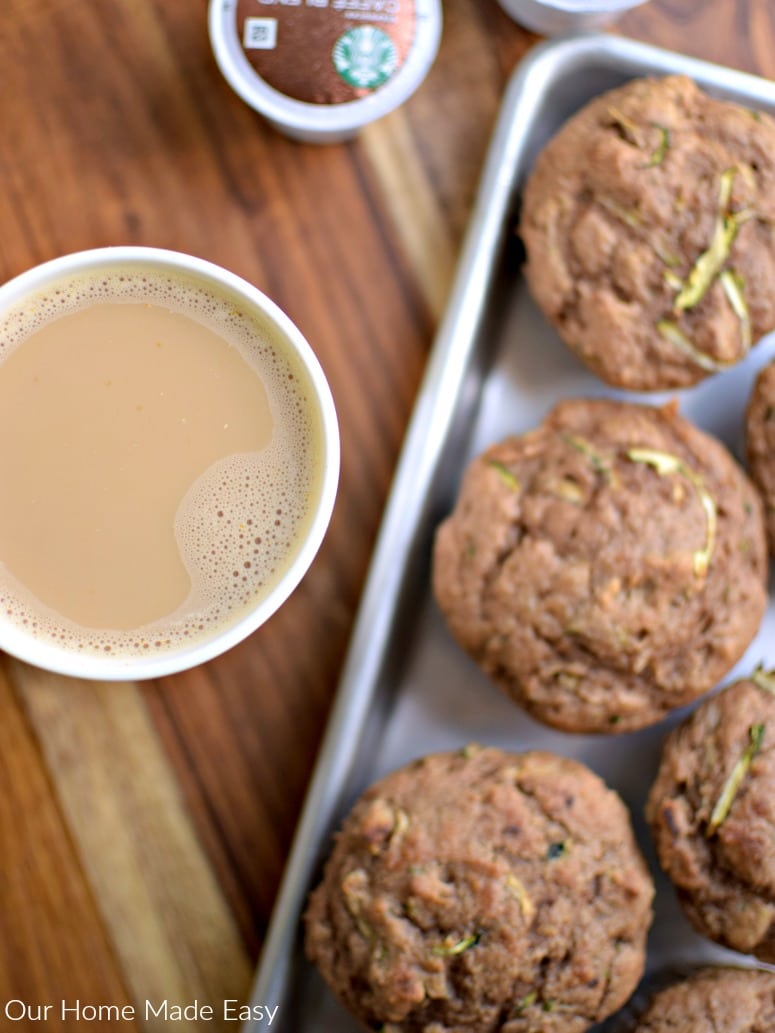 Make an easy fall breakfast zucchini walnut muffins with only 4 ingredients! They pair perfectly with the Starbucks® Pumpkin Spice Caffè Latte K-Cup® pod.