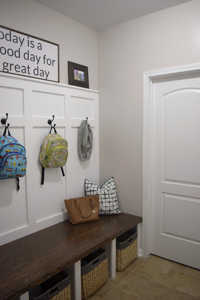 Built-in cubbies and a bench added much-needed small space storage to our mudroom