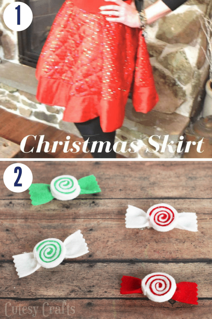 A christmas skirt and mint candy pins are adorable, wearable christmas crafts