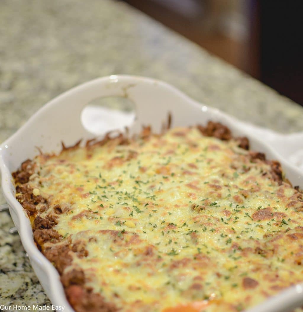 Easy Baked Cavatappi casserole is a quick dinner that makes enough for leftovers