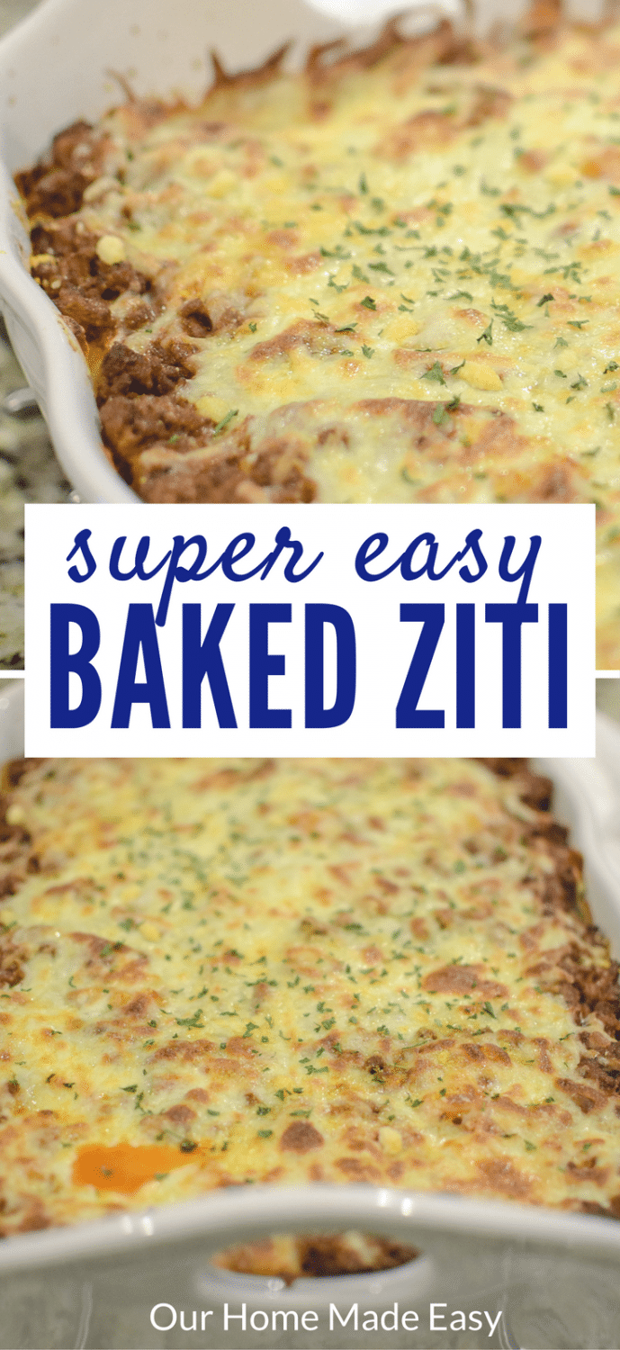 This a perfect Sunday night dinner! This easy baked ziti is super easy to make and feeds a large family! Click to see the recipe