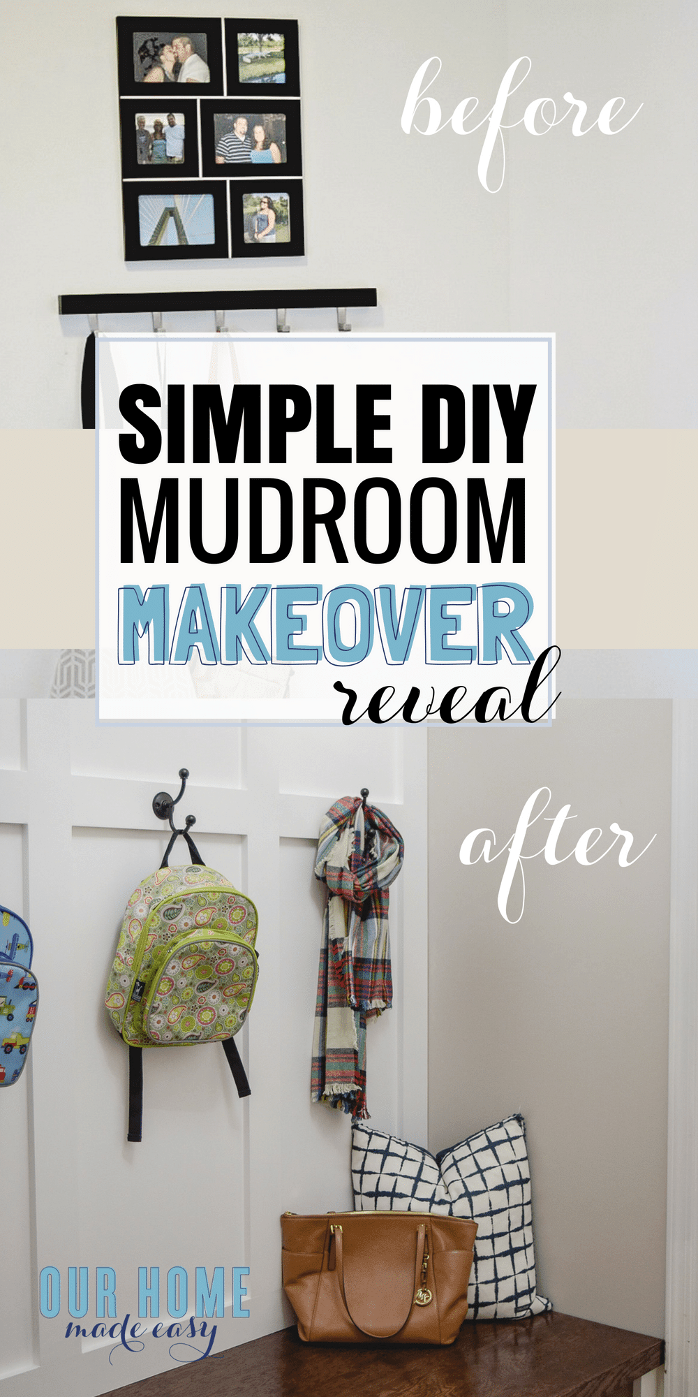 DIY your own mudroom makeover with these easy projects! Click over to see how a new home build mudroom turned into custom built-ins!