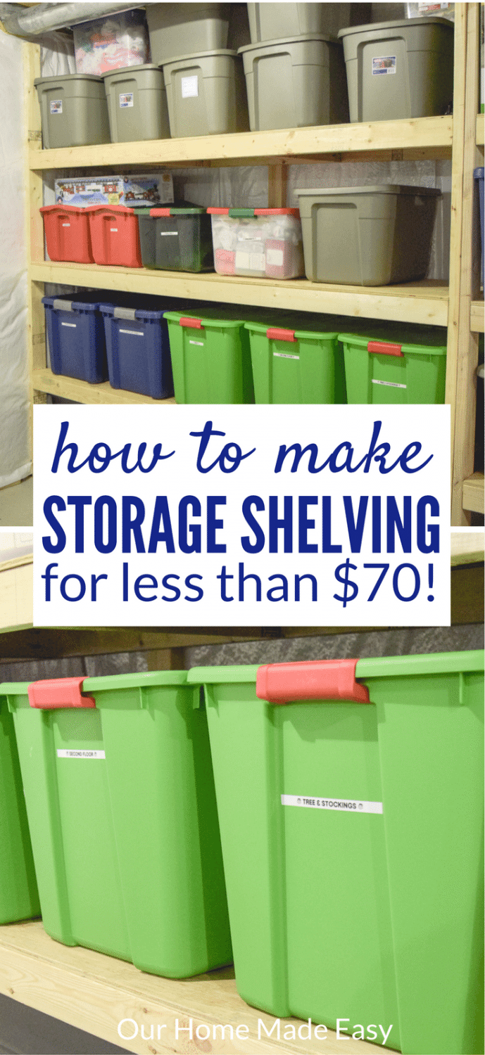 Organize your totes with this DIY storage shelving! And make them for a budget price. Click to see the tutorial for building your own tote shelves!