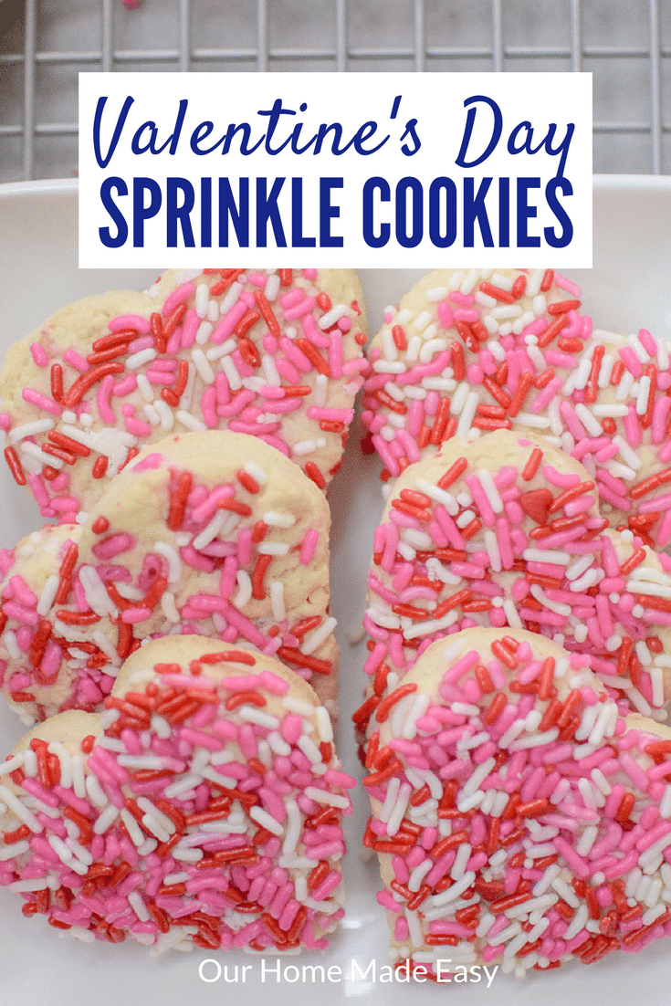 Super easy Valentine's Day cookies. They are soft and chewy and full of sprinkles! Click to see the sugar cookie recipe.