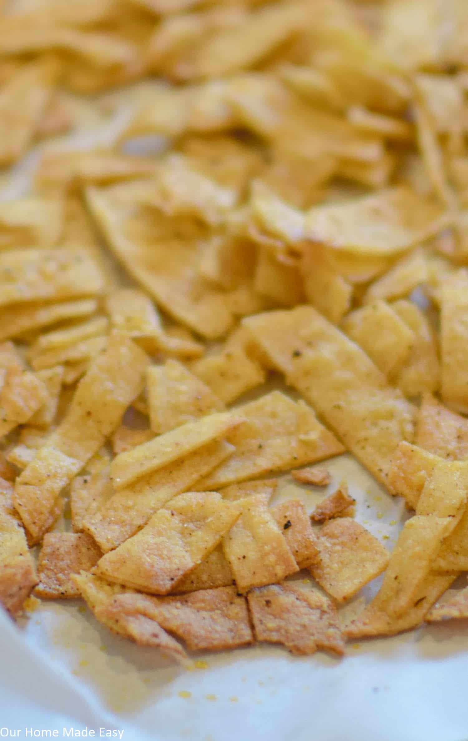 Baked Tortilla Strips on Baking sheet