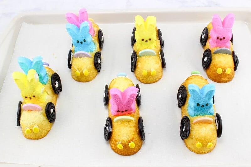 These Easter Peep Mobiles are super fun to make! Twinkies topped with Peeps bunnies to look like little cars