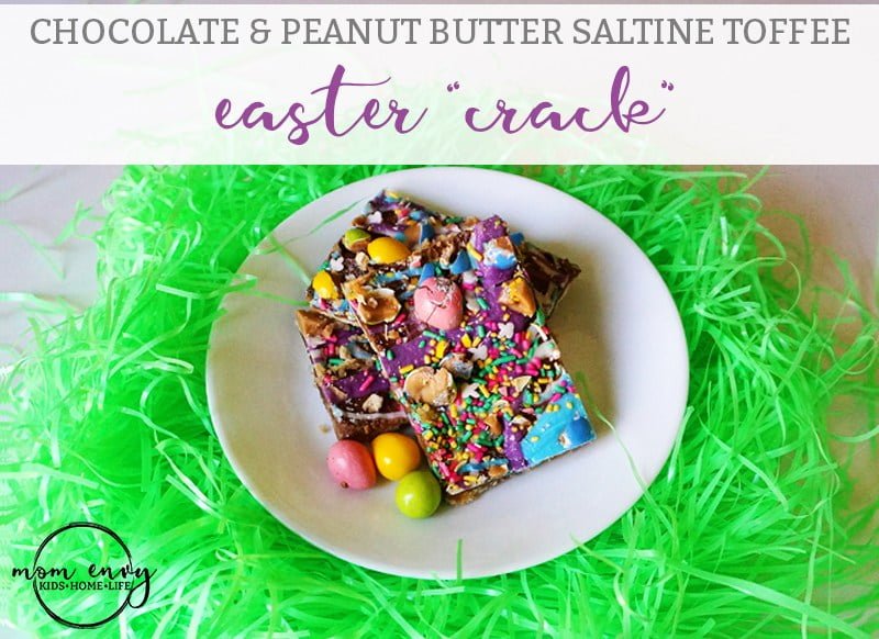 Chocolate and peanut butter toffee is made with saltine crackers, sweet chocolate, and sprinkles. It's a fun easter treat to make for the kids