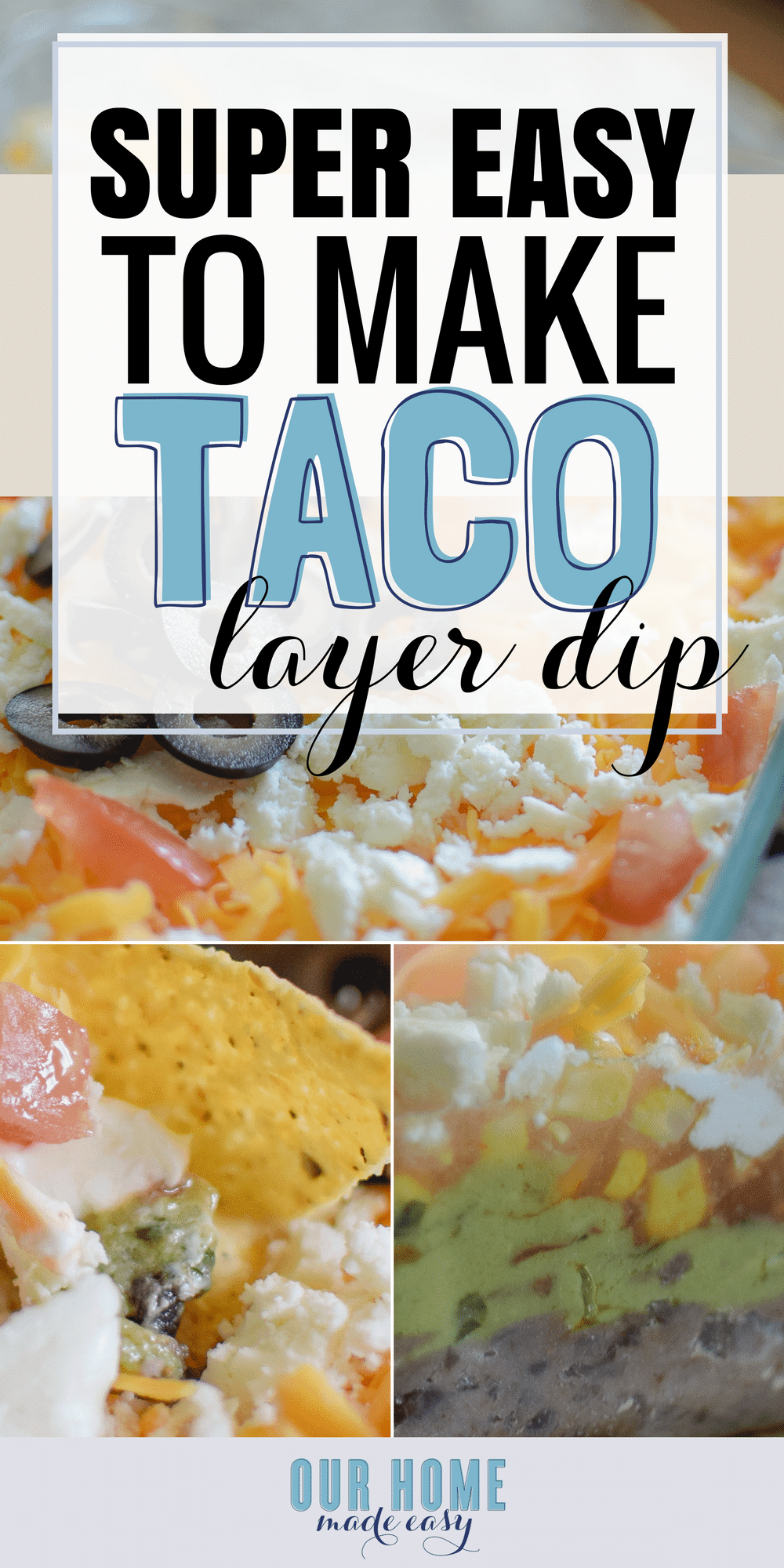 This quick & easy taco layer dip is perfect for your next party! Start with a simple base and keep adding layers of your favorite toppings. #appetizer #tacos #mexican #dips #sourcream #vegetarian