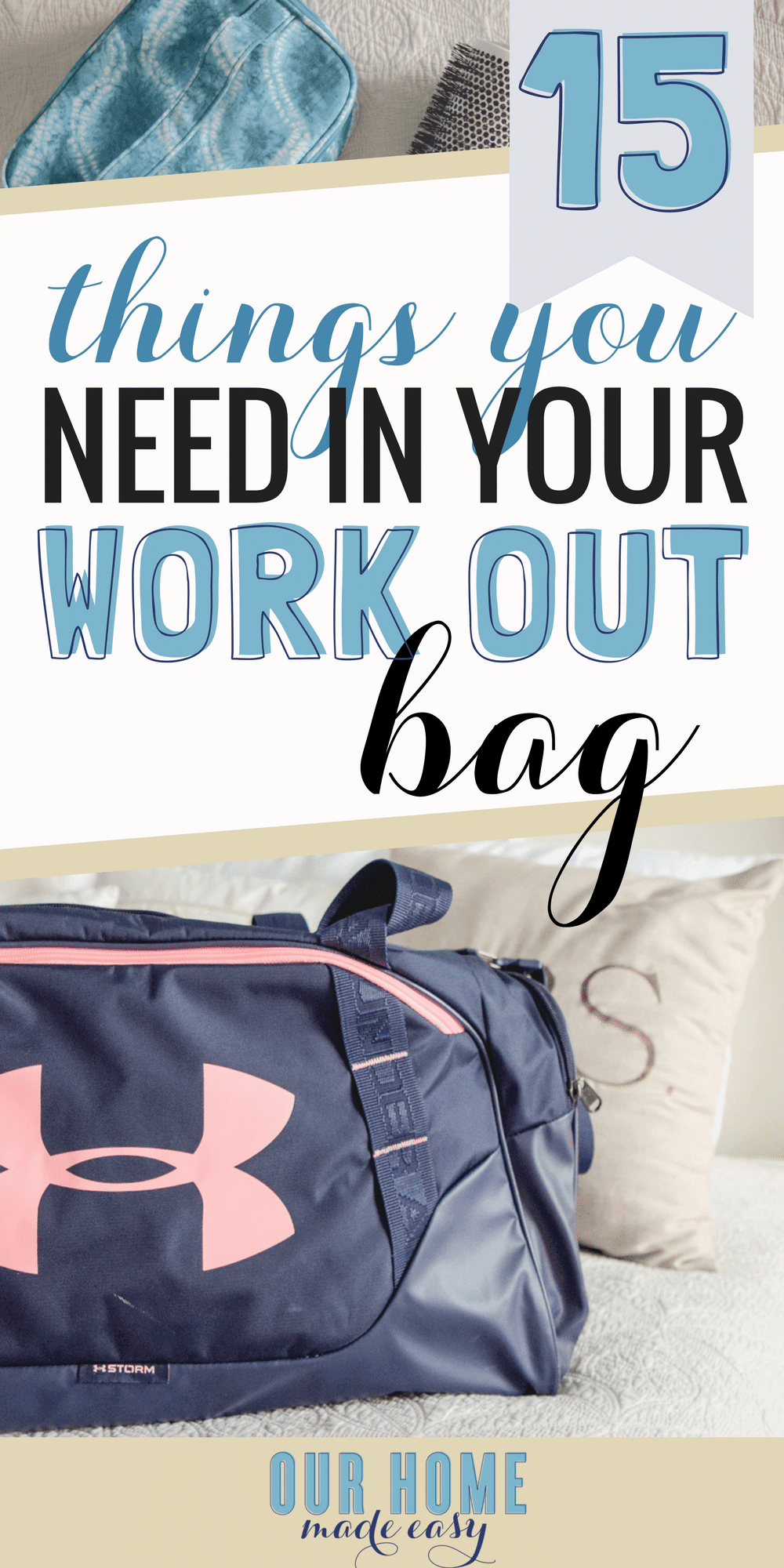 Running to the office after a work-out session? Don't miss these 15 must-haves for every gym bag! Click to see what you need to go from exercising to work easily! #momlife #workingout #exercise #gymbag #organization