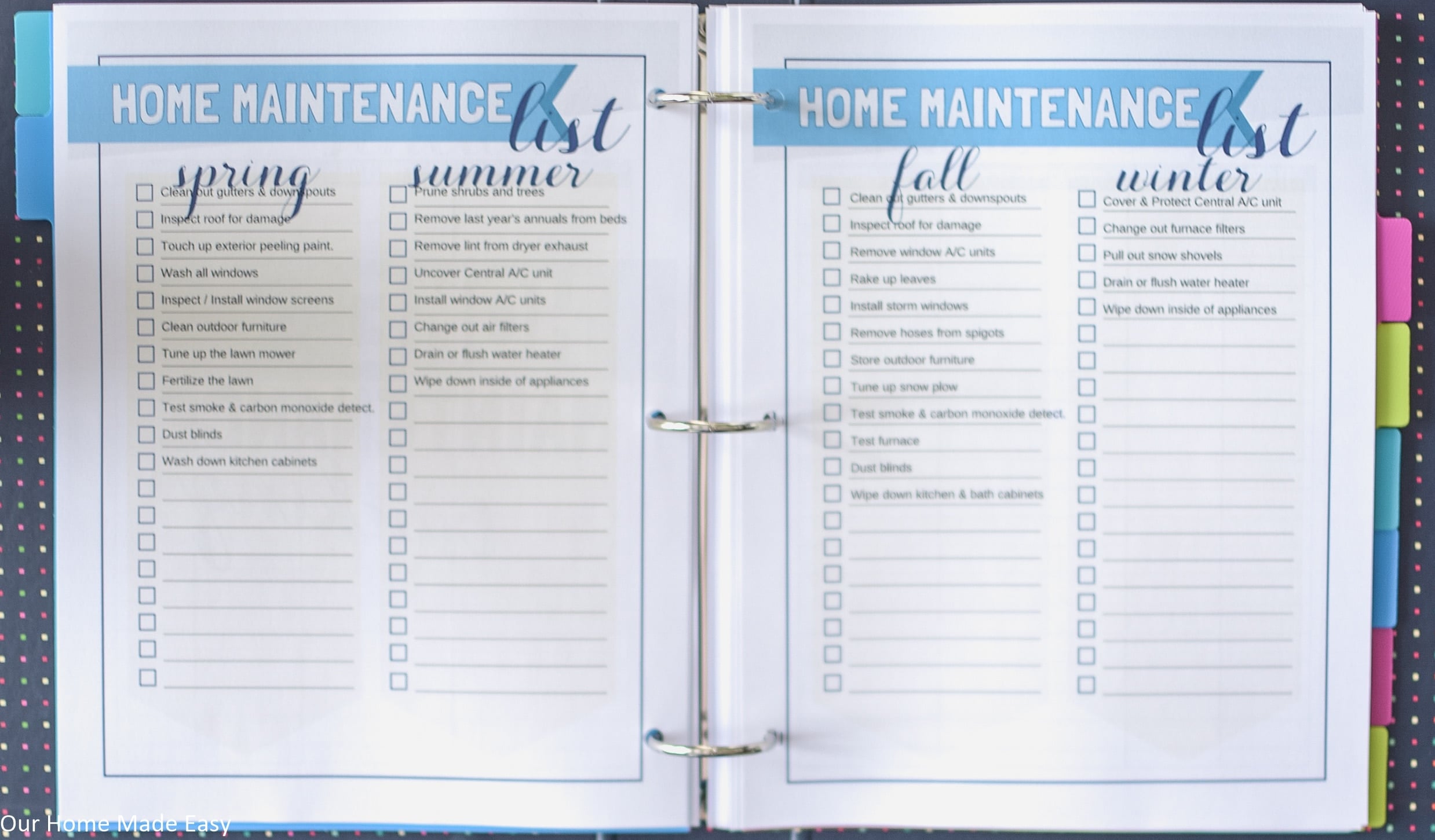 The Home Maintenance Checklist for Spring, Summer, Fall and Winter is just one of the many helpful home checklists in our Ultimate Home Binder