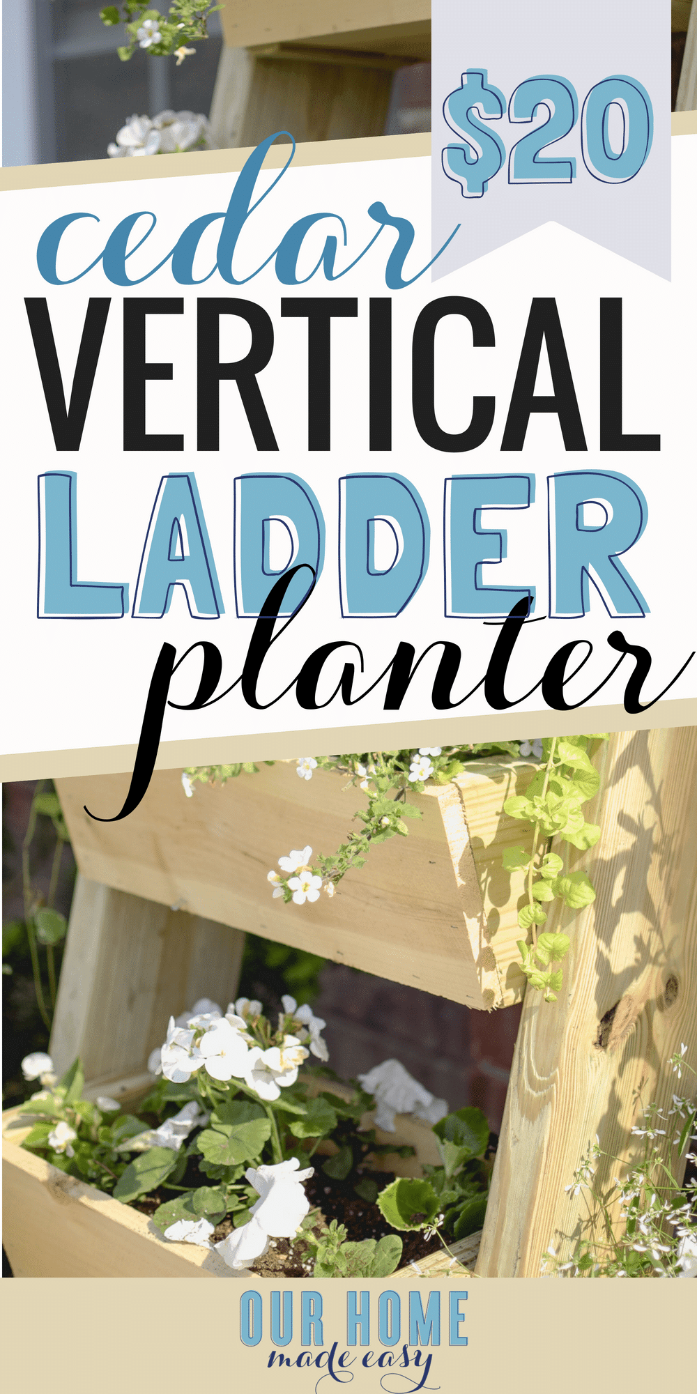 Make this super easy $20 cedar ladder planter! It's perfect for beginner projects and doesn't require many tools! Click to see our tips for building! #anawhite #diy #planter #flowers #home