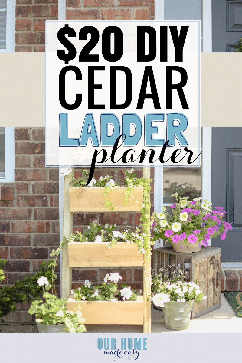 Make this super easy $20 cedar ladder planter! It's perfect for beginner projects and doesn't require many tools! Click to see our tips for building it!