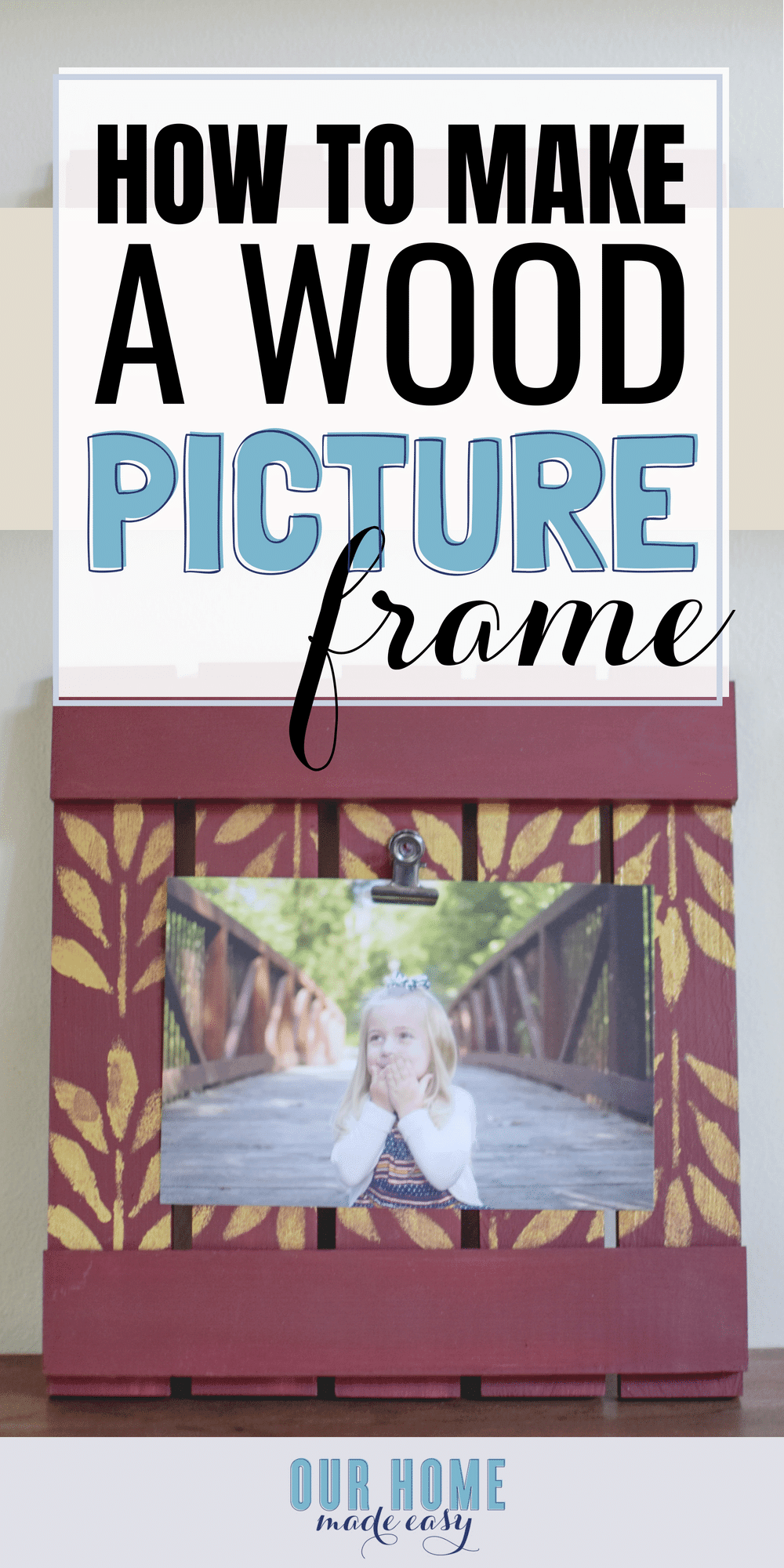 Make this easy wood picture frame with almost no tools! Decorate it for any holiday or decor. Click to follow the tutorial! #diy #pictureframe #decor