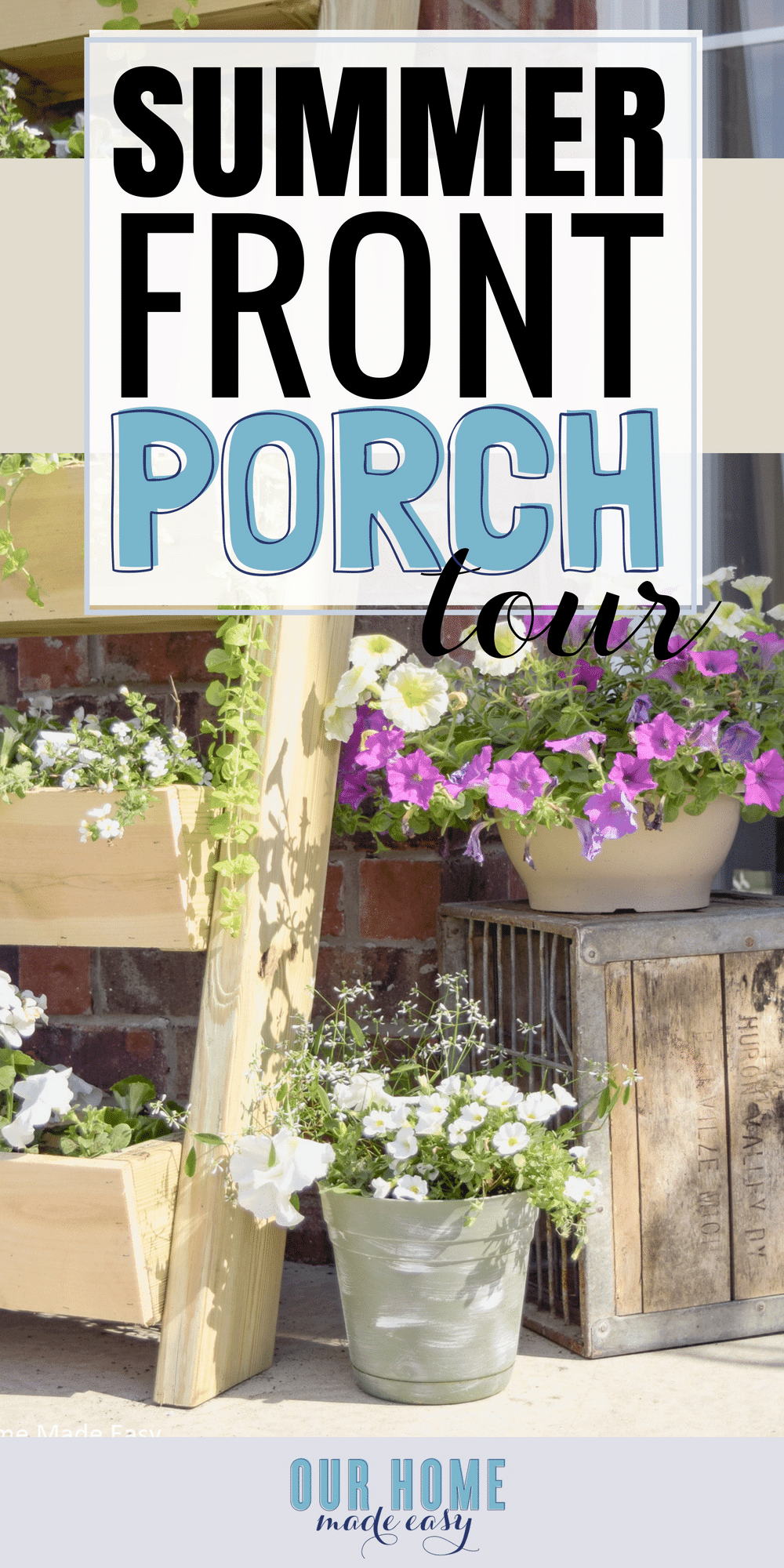 A budget friendly summer front porch inspired by easy DIY projects and simple flowers! #summer #frontporch #entry #homedecor #flowers