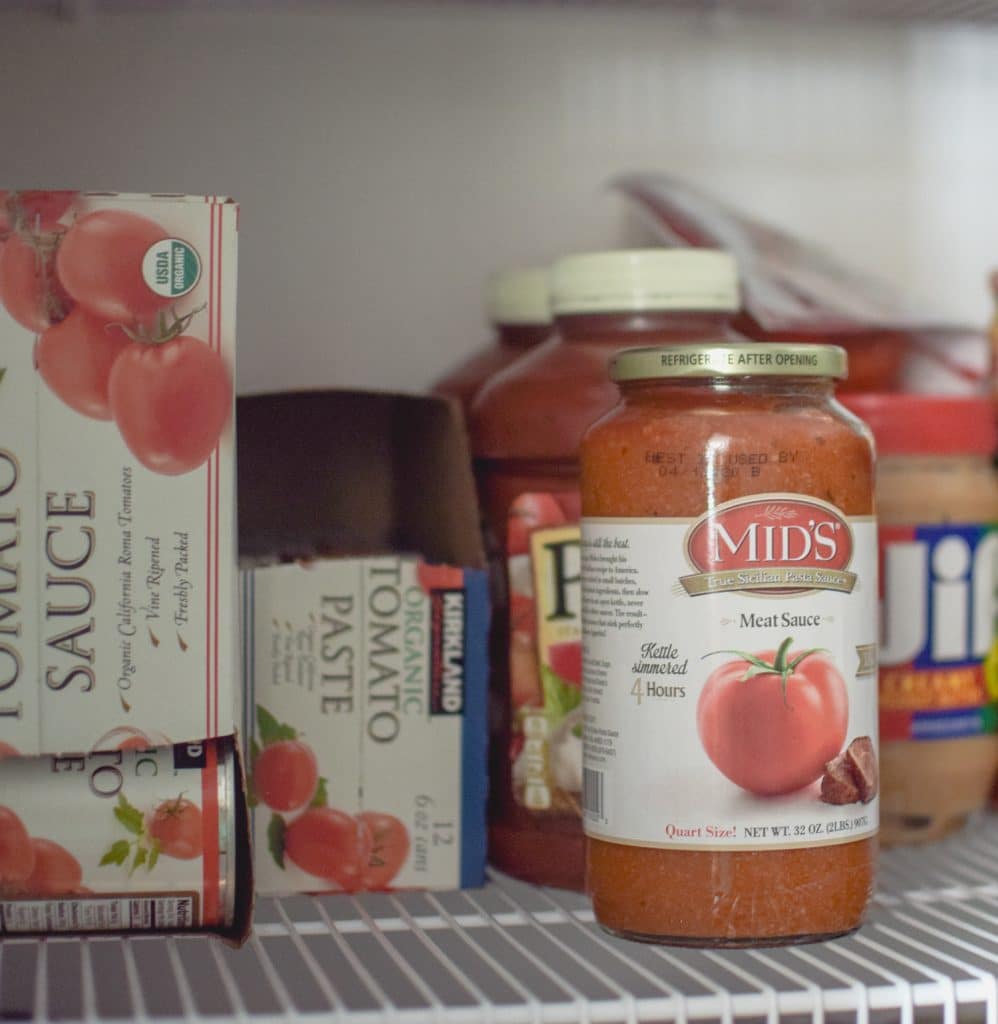 tomato sauce and marina sauce in pantry