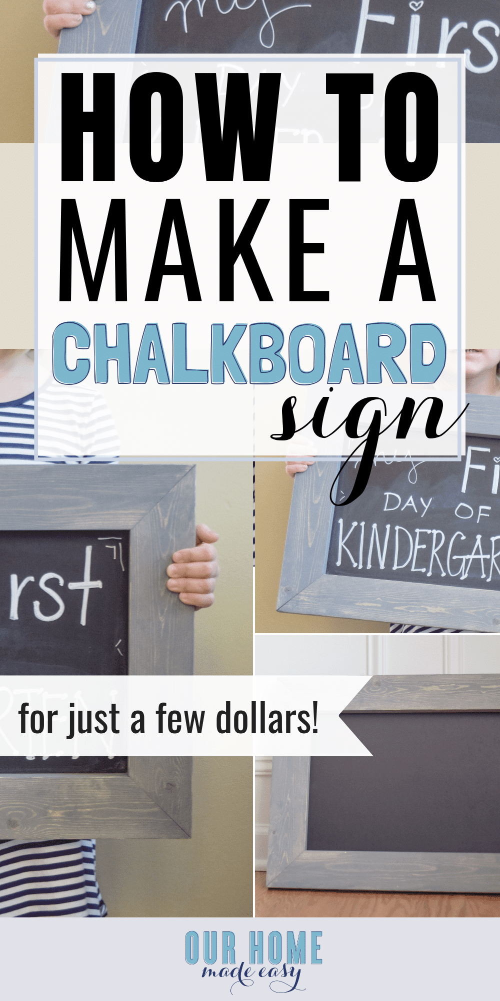 Make this easy DIY Chalkboard sign for less than $10! Customize the size and stain to coordinate with your home's decor. Click for step by step directions! #chalkboard #farmhouse #signs #chalk