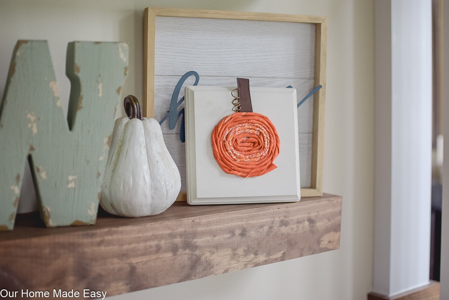 This adorable fabric pumpkin looks great along with other rustic Fall decor in your home.