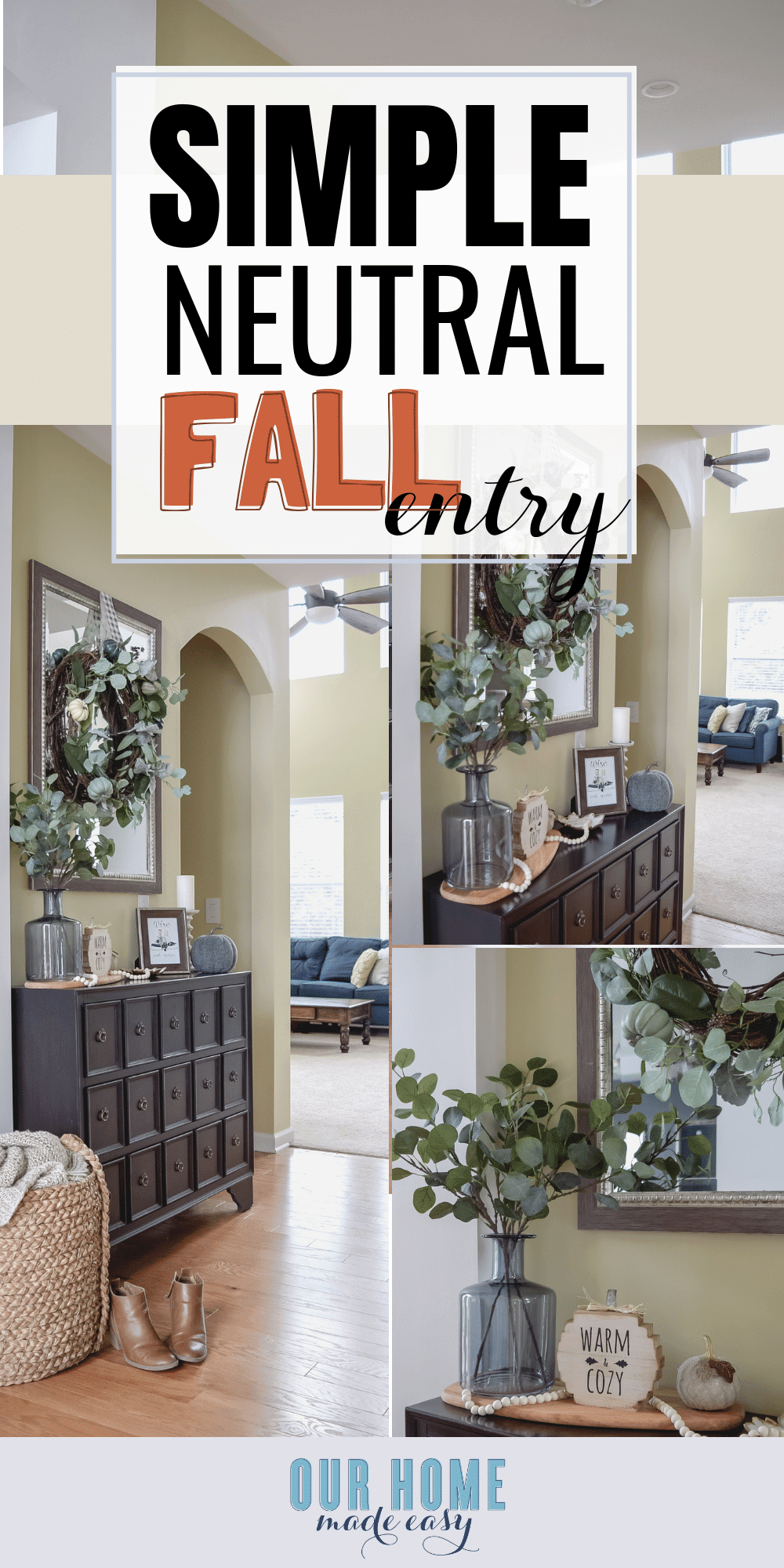 Use this quick tip to decorate your fall entryway home decor without using too many seasonal items! Save money & time. Click to see the entryway! #fall #home #fallhome #cozyhom