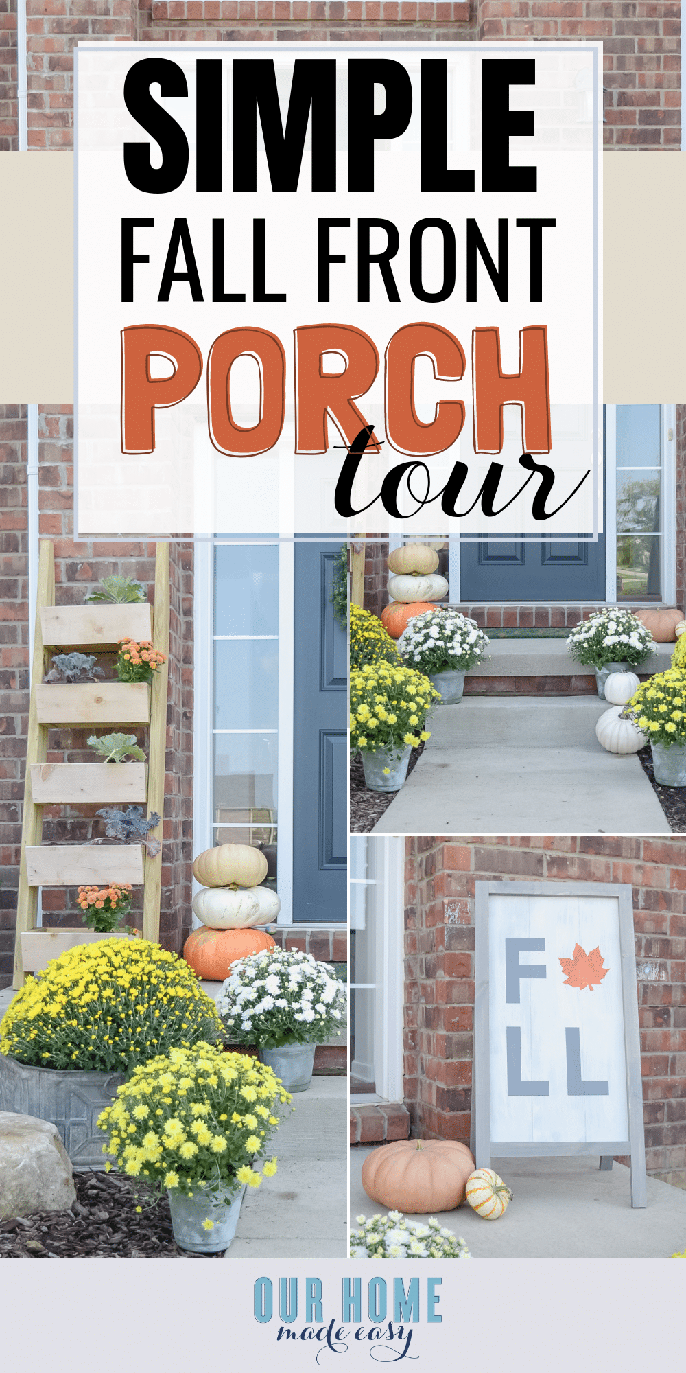 Simple fall front porch decor shines with colorful mums and easy DIY projects