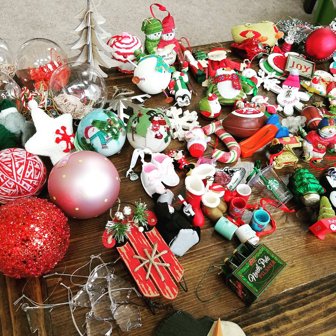 Assorted Christmas tree ornaments and Christmas decorations