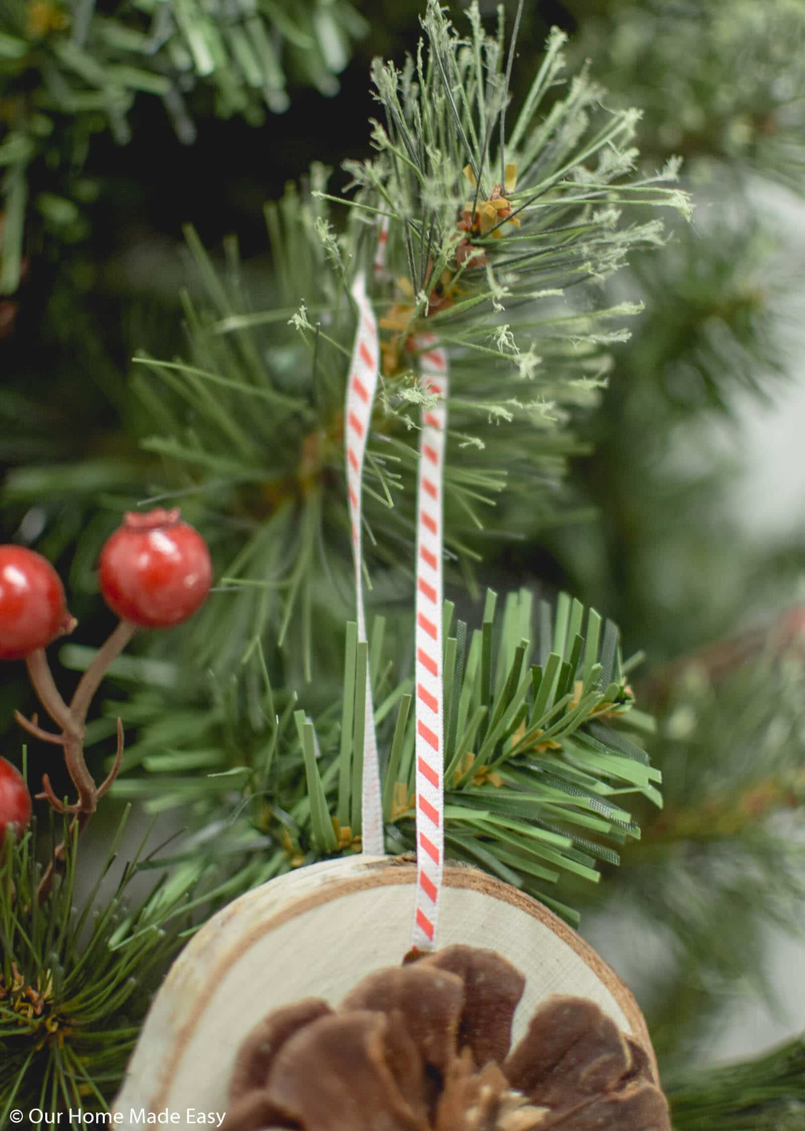 Hung with simple ribbon, these wood slice ornaments will fit in perfectly on your Christmas tree