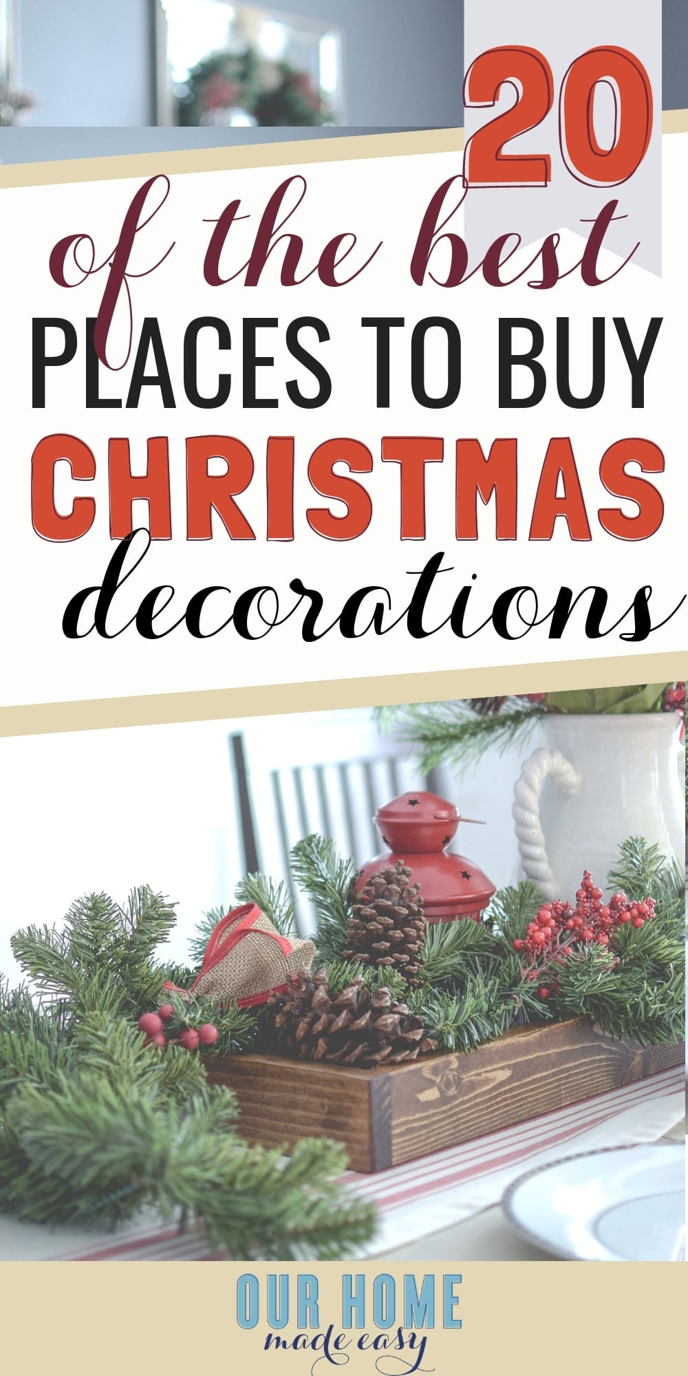 Here are the 20 best places to buy Christmas Decorations! No matter your style or budget, you'll find something that is perfect for your home easily! #christmas #homedecor #ourhomemadeeasy