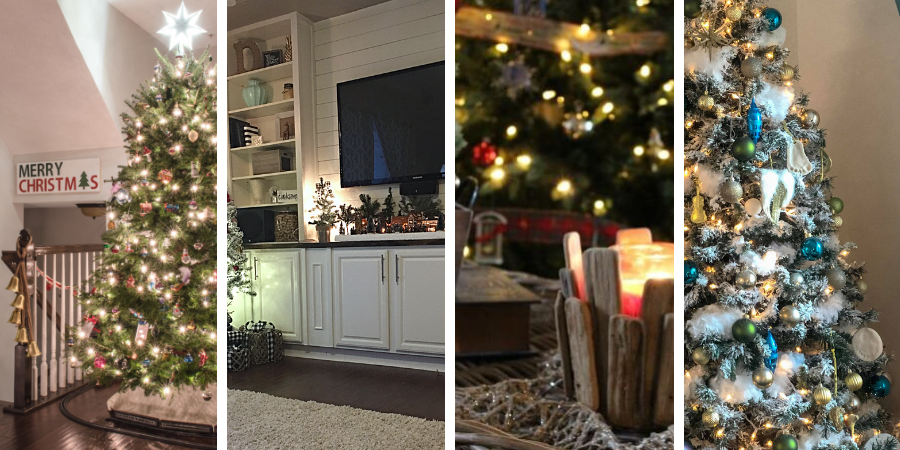 Collage of four bloggers homes at night for Merry and Bright Christmas home tour 2018.