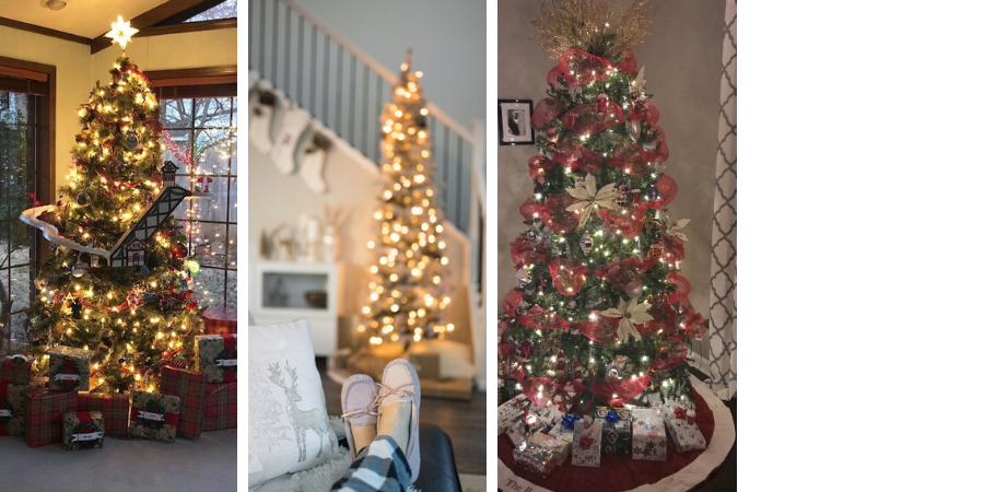 3 images of Christmas trees in a collage for Merry and Bright Home Tour.