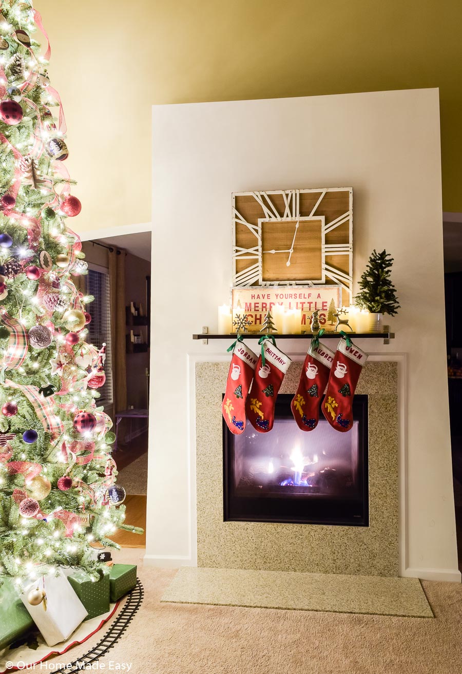 Our fireplace "mantle" is a simple DIY project--a single bookshelf from Jordan's college days!