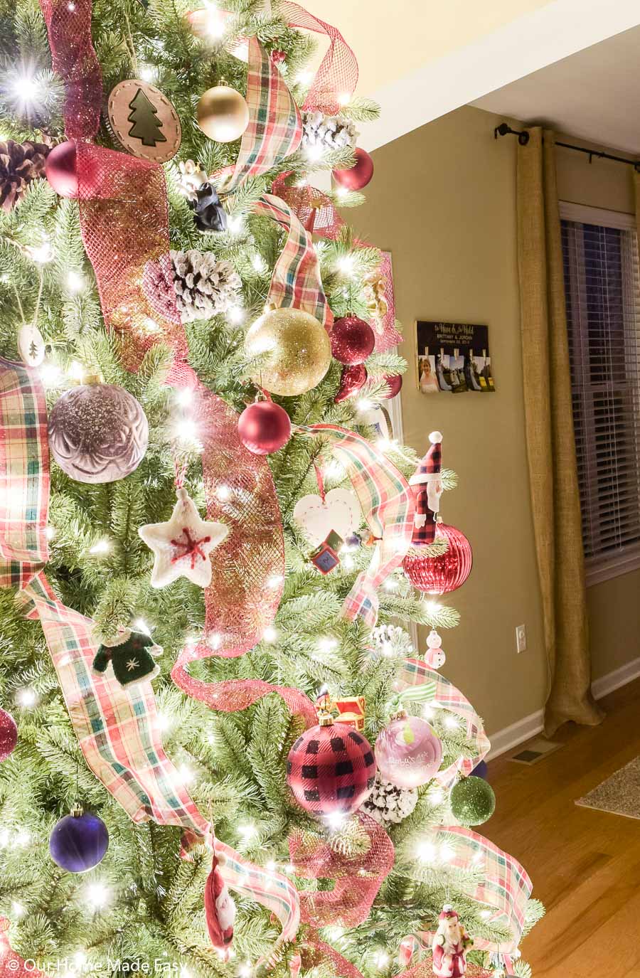 Our living room Christmas tree is the most personal in the house, with family ornaments and flannel ribbon