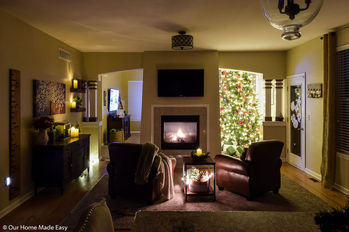 Our hearth room is the coziest room in the house, with comfortable reading chairs, blankets, and warm fireside light