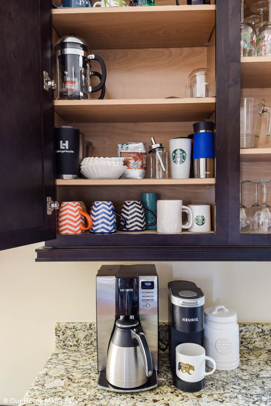 our coffee mug and coffee cabinet is conveniently located right above our coffee makers