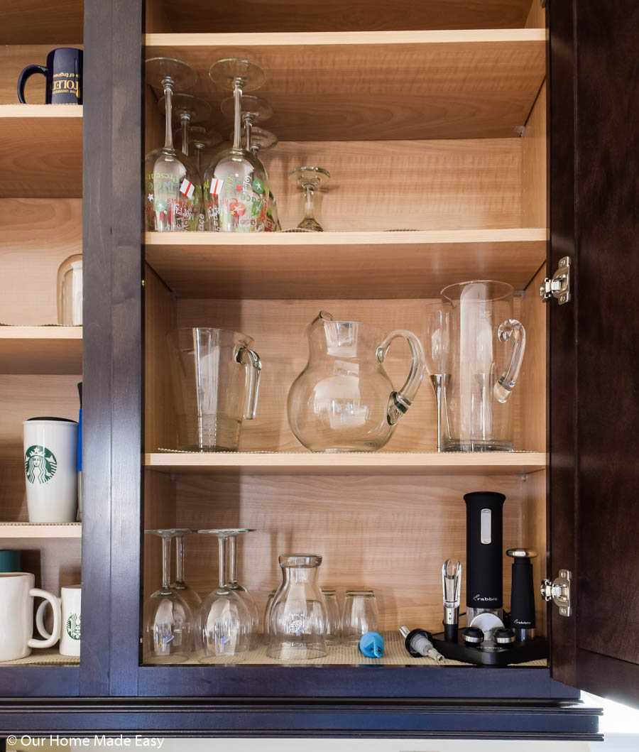 special glasses like pitchers and wine glasses should get their own cabinet