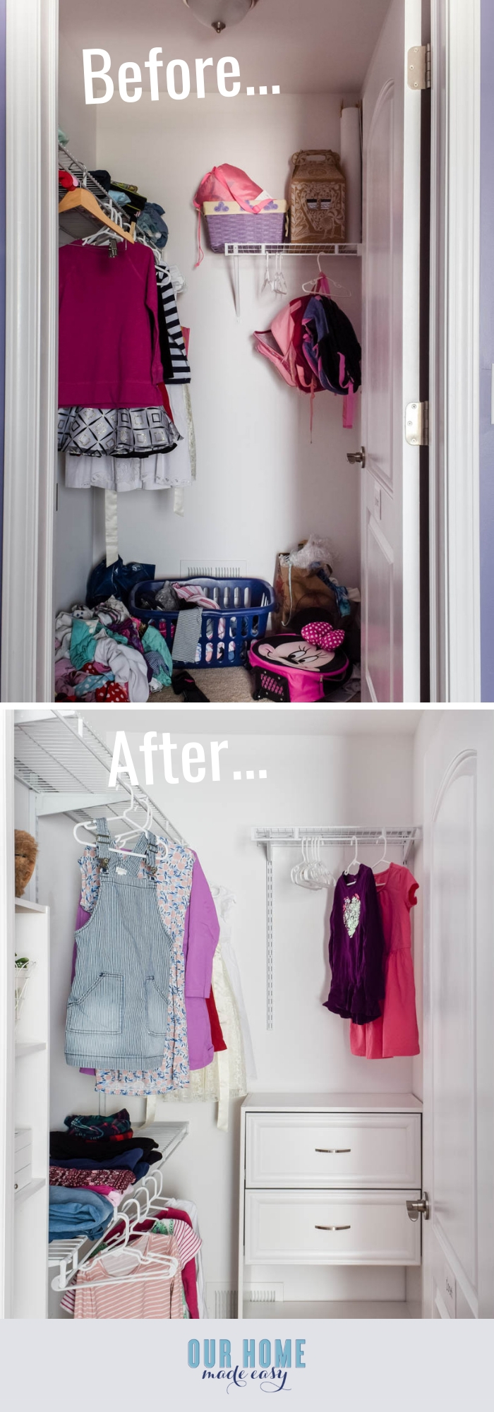 Our small bedroom walk-in closer before and after our closet organization project!